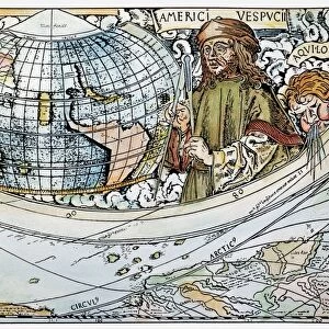 AMERIGO VESPUCCI (1454-1512). Detail from map of the world and account of Vespuccis voyage