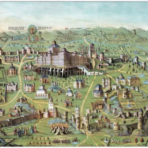 ANCIENT JERUSALEM. The ancient city of Jerusalem, with Solomons Temple in the center. Lithograph, c1851