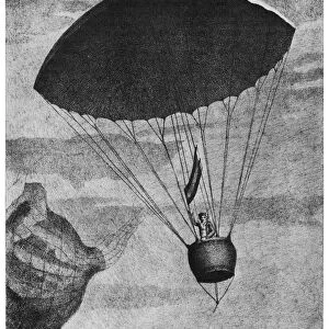 Andre Jacques Garnerin making the first parachute descent from a balloon, while over Paris, in 1797. Contemporary French engraving
