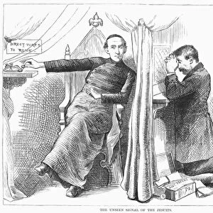 ANTI-CATHOLIC CARTOON, 1873. The Unseen Signal of the Jesuits. A priest hearing the confession of a government official secretly telegraphs the state secrets thus revealed to Rome. American cartoon, 1873, by C. S. Reinhart
