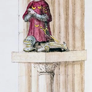 ANTOINE DES ESSARTS. Antoine des Essarts, counselor and chamberlain to King Charles VI. Statue the kneeling Essarts, opposite a statue of Saint Christopher, both erected in 1413, at the Notre Dame Cathedral in Paris. Watercolor by Bonnardot