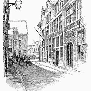 ANTWERP: PRINTING OFFICE. The Plantin-Moretus Museum, a former printing house established in the 16th century, Antwerp, Belgium. Line engraving, 19th century