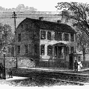 ARON BURR: LUGAR DE NACIMIENTO. La antigua casa parroquial en Newark, Nueva Jersey, lugar de nacimiento de Aaron Burr (1756-1836). Grabado en madera, siglo XIX. ARON BURR: LUGAR DE NACIMIENTO. La antigua casa parroquial en Newark, Nueva Jersey, lugar de nacimiento de Aaron Burr (1756-1836). Grabado en madera, siglo XIX.