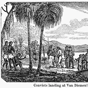 AUSTRALIA: CONVICTS. Convicts arriving at Van Diemens Land (Tasmania). Engraving, early 19th century
