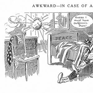 Awkward-In Case of a Hurry Call. Cartoon, 1915, by Luther D. Bradley suggesting that America was unprepared for its entry into World War I