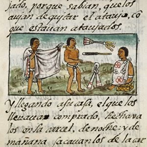 AZTECS GETTING DRESSED. An Aztec man being dressed. Drawing from the Codex Florentino