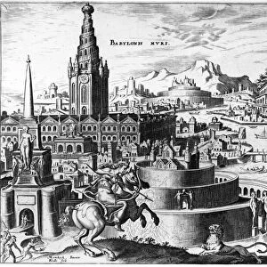 BABYLON: HANGING GARDENS. The city of Babylon and the hanging gardens, one of the Seven Wonders of the World. Engraving from Diversarum Imaginum Speculativarum, published by Joannes Gallaeus at Antwerp, 1638