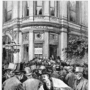BANK PANIC, 1890. Run on a bank. Line engraving, American, 1890