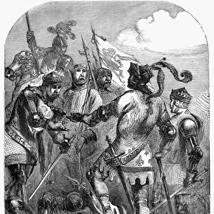 BATTLE OF POITERS, 1356. King John II of France surrenders to the Earl of Warwick, emissary of Edward, Prince of Wales, at the Battle of Poitiers, 19 September 1356. Wood engraving, English, 19th century