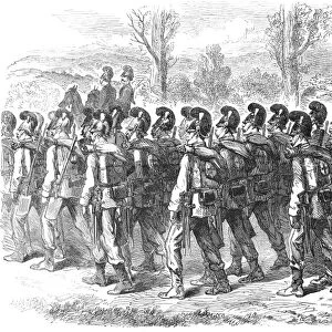 BAVARIAN SOLDIERS, 1870. Bavarian Jaegers on their march to the front during the Franco-Prussian War. Wood engraving from an English newspaper of 1870