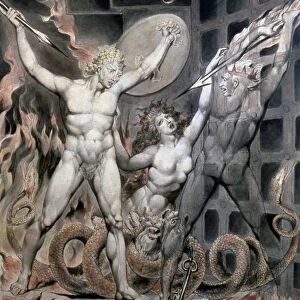 BLAKE: SATAN. Satan Comes to Gates of Hell. Watercolor by William Blake (1757-1827)