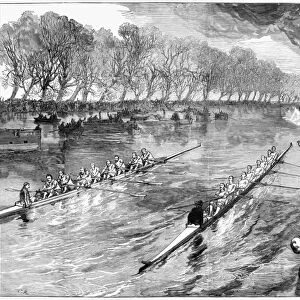 BOAT RACE, 1877. The university boat-race dead-heat: the finish. Engraving, 1877