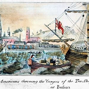 THE BOSTON TEA PARTY, 1773. The Boston Tea Party, 16 December 1773. The earliest known American depiction of the event. Color engraving, 1789
