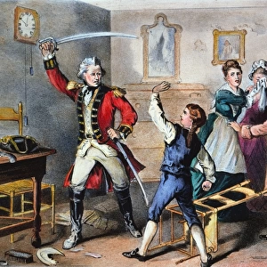 Brave Boy of the Waxhaws. 14 year old Andrew Jackson receiving a sword cut for refusing to clean the boots of a British officer in 1781. Lithograph, 1876, by Currier & Ives