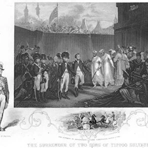 BRITISH IN INDIA, 1792. The surrender of two sons of Tipu Sultan to Lord Cornwallis, 1792. Steel engraving, 19th century