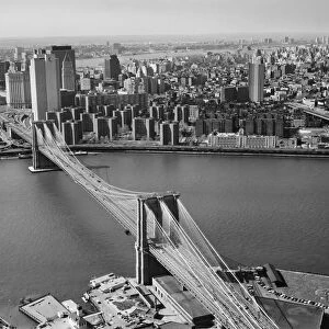 BROOKLYN BRIDGE, 1978. Looking north over the Brooklyn Bridge towards Manhattan, New York