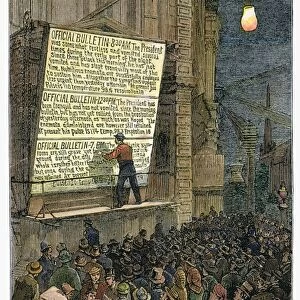 Bulletins posted outside the office of the New York Herald in the aftermath of the assassination of President James A. Garfield on 2 July 1881