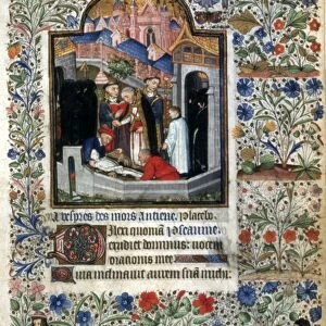 BURIAL SCENE, c1445. Illumination from a French Book of Hours