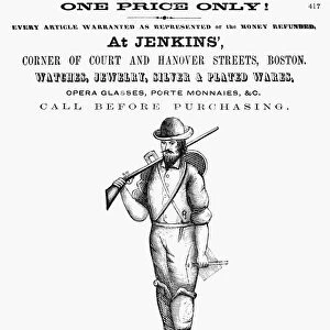 CALIFORNIA GOLD RUSH, 1855. Advertisement for a Boston, Massachusetts, jeweler from an American newspaper of 1855, depicting a California gold miner