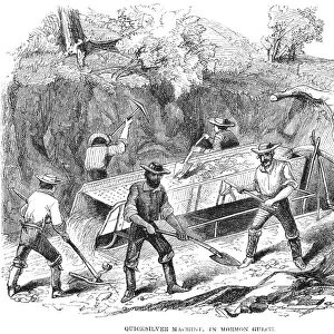 CALIFORNIA GOLD RUSH, 1860. Gold mining with a long cradle, known as a quicksilver machine, at Mormon Gulch in Tuolomne County, California. Wood engraving, American, 1860