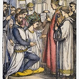 CELTIC WEDDING, 1171. The marriage of Eva and Richard Strongbow Fitzgilbert, Earl of Pembroke, at Waterford, Ireland, 1171. Wood engraving, late 19th century
