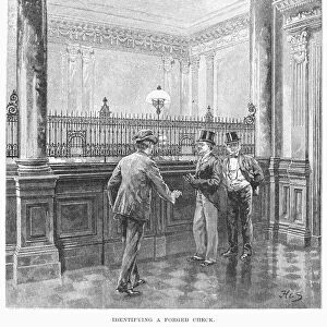 CHECK FORGER, 1890. A check forger is caught at a New York bank. Wood engraving