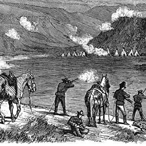 CHIEF JOSEPH (1840-1904). Native American chief of Nez Perce tribe. U. S. Army forces firing on Chief Josephs camp, October 1877, shortly before his capture. Wood engraving, American, 1877