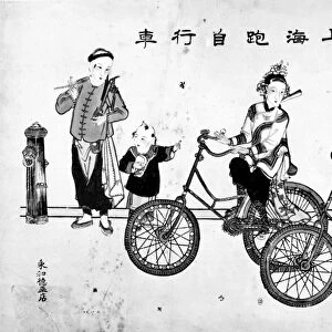 CHINA: BICYCLISTS, c1900. Women bicyclists on a street in China. Watercolor, Ching Dynasty