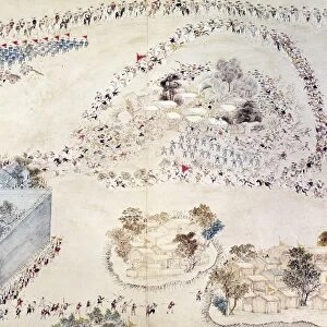 Chinese government forces attacking a rebel stronghold during the Taiping Rebellion, 1851-64. Contemporary Chinese painting