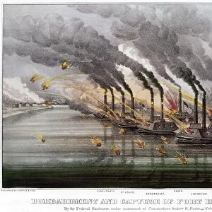 CIVIL WAR: FORT HENRY, 1862. The bombardment and capture of the Confederate Fort Henry, on the Tennessee River, by Union gunboats led by Commodore Andrew H. Foote, 6 February 1862. Contemporary lithograph published by Currier and Ives