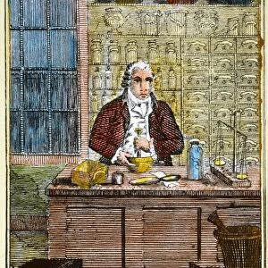 A colonial American apothecary: colored line engraving, late 18th century