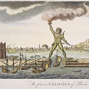 COLOSSUS OF RHODES. One of the wonders of the ancient world, the Colossus of Rhodes, a giant bronze statue of Helius that stood at the harbor of Rhodes, erected in the 3rd century B. C. Copper engraving, English, 18th century