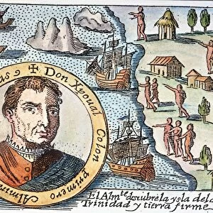 COLUMBUS: TRINIDAD, 1498. Christopher Columbus and his men discovering the three-peaked island of Trinidad (top left) in 1498: Spanish engraving, 1730