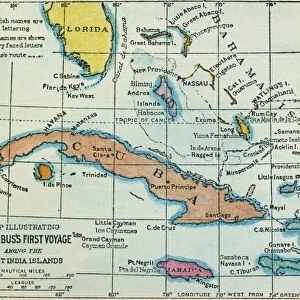 COLUMBUS: WEST INDIES MAP. Map, 1892, illustrating presumed route of the first voyage of Columbus in the