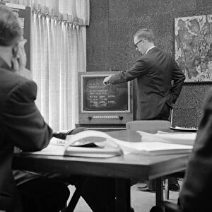 COMPUTER, 1964. Man demonstrating a video typewriter computer. Photograph by Thomas O Halloran