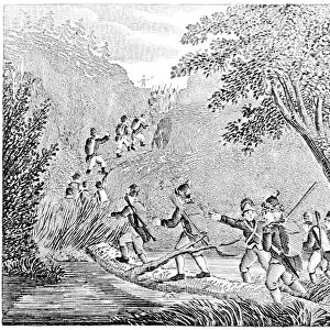 Continental Army soldiers, lead by Benedict Arnold, marching through the Maine wilderness in the unsuccsessful attempt to capture Quebec, Canada, in 1775. Wood engraving, American, c1830s