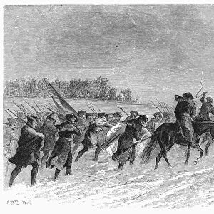 Continental soldiers under Gen. George Washington marching to Trenton, New Jersey, for a suprise attack on the Hessian forces stationed there, December 1776. Line engraving, 19th century
