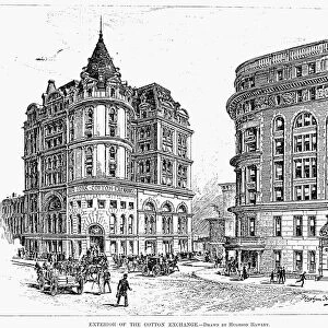 COTTON EXCHANGE, 1890. Exterior of the New York Cotton Exchange in Hanover Square, New York. Wood engraving, 1890, after Hughson Hawley