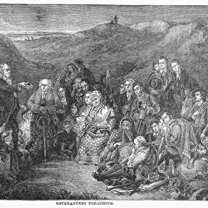COVENANTERS PREACHING. A gathering of Covenanters in the Scottish Highlands. Wood engraving, 19th century