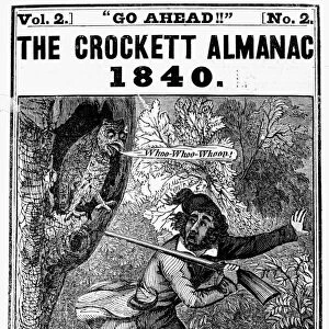 DAVY CROCKETT (1786-1836). American soldier and frontiersman. Crockett scared by an owl, on the cover of The Crockett Almanac, Nashville, 1840