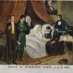 The death of President William Henry Harrison at the White House, Washington D. C. on 4 April 1841: contemporary lithograph by Nathaniel Currier