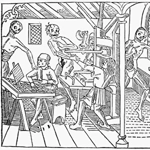 DEATH AND THE PRINTERS. Woodcut from La Grande Danse Macabre, printed at Lyon in 1499-1500