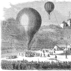 Departure from Montmartre of a post-balloon at Place Saint-Pierre during the Franco-Prussian War. Wood engraving, French, 1870