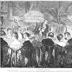 DINNER PARTY, 1885. Wood engraving, English, 1885