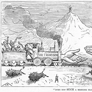 Does Not Such A Meeting Make Amends? Contemporary American cartoon commemorating the joining of the Central Pacific and Union Pacific Railroads at Promontory Point, Utah on 10 May 1869