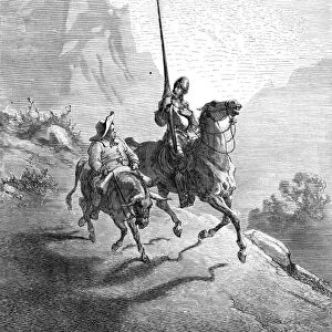 DON QUIXOTE AND SANCHO. Don Quixote and Sancho Panza setting out at dawn in search of adventure: wood engraving after Gustave Dor