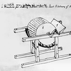 Drawing by Thomas Jefferson of the corn shelling machine he owned, which was invented by Paul Pillsbury in 1803