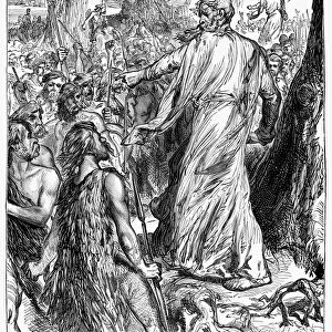 DRUIDS. Druids Inciting The Britons To Oppose The Landing Of The Romans. Wood engraving, late 19th century