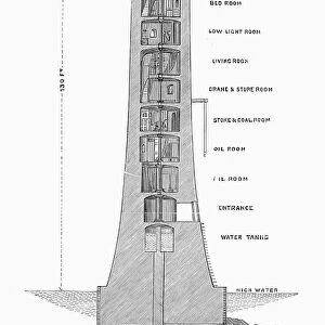 EDDYSTONE LIGHTHOUSE, 1882. Cross section of the new Eddystone lighthouse in the English Channel, first lit in 1882. Wood engraving from a contemporary English newspaper