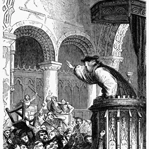 EDINBURGH: RIOT, 1637. Rioting erupts at the High Church in Edinburgh, Scotland, in response to the first reading of the new Scottish prayer book, known as Lauds Liturgy, in 1637. Wood engraving, English, c1860